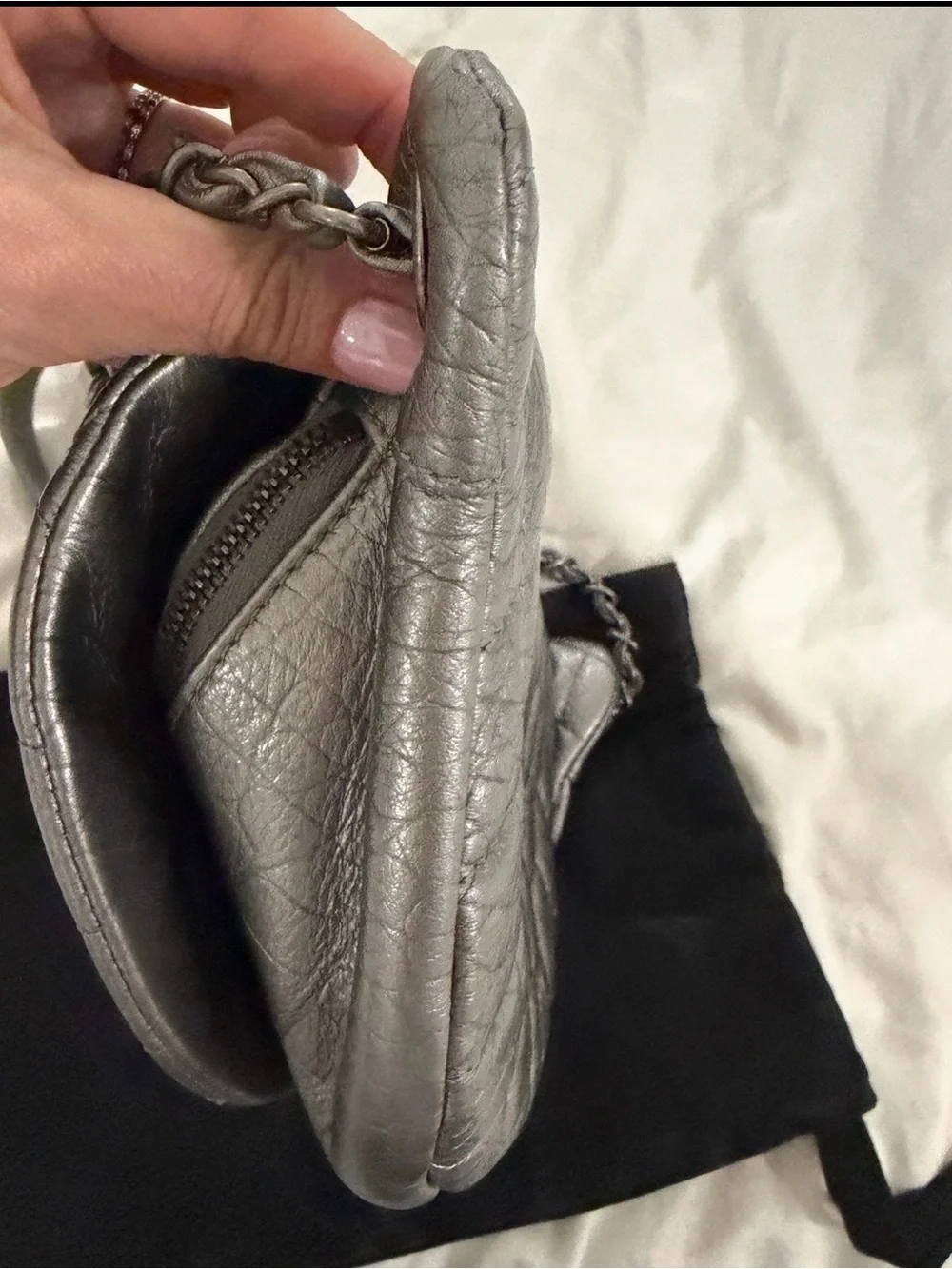 CHANEL Metallic Silver Quilted Leather Crossbody Bag
